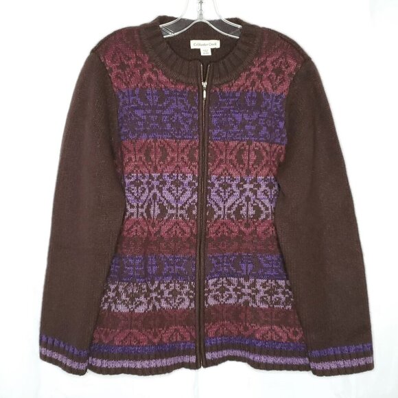 Coldwater Creek Lambs Wool Cardigan Sweater XL Brown Purple Pink Zip Up Jacket - Picture 1 of 6